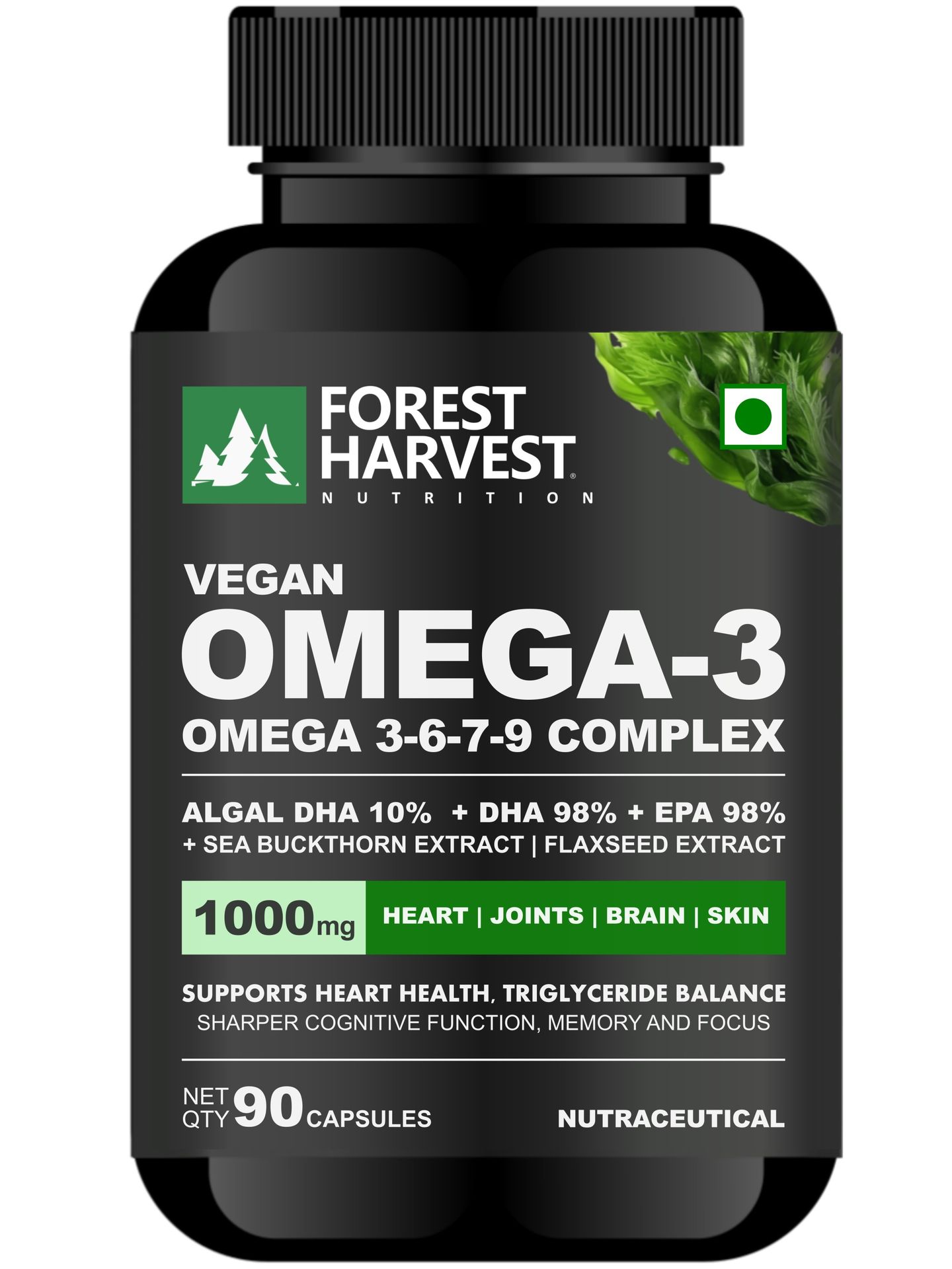 Vegan Omega-3, 6, 7, 9 Complex | 90 Capsules | Dual-Source DHA (Algal DHA 10% & Veg DHA 98%) with Veg EPA 98% | Sea Buckthorn Extract 10X & Flaxseed Extract 10X | 1000mg Per Serving