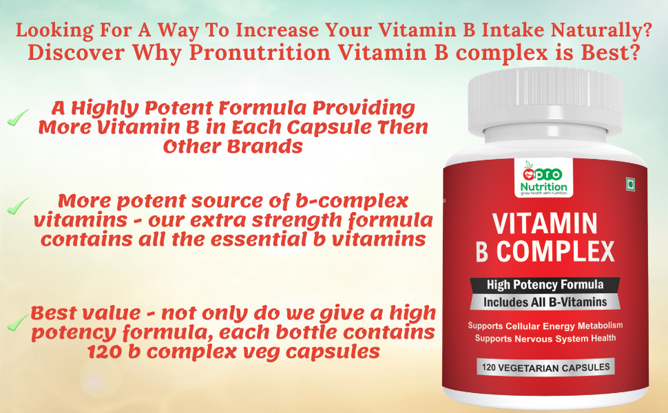 Pronutrition B Complex Vitamins - ALL B Vitamins Including B12, B1, B2, B3, B5, B6, B7, B9, Folic Acid - Vitamin B Complex Supplement for Stress, Energy and Healthy Immune System 120 Veg capsules
