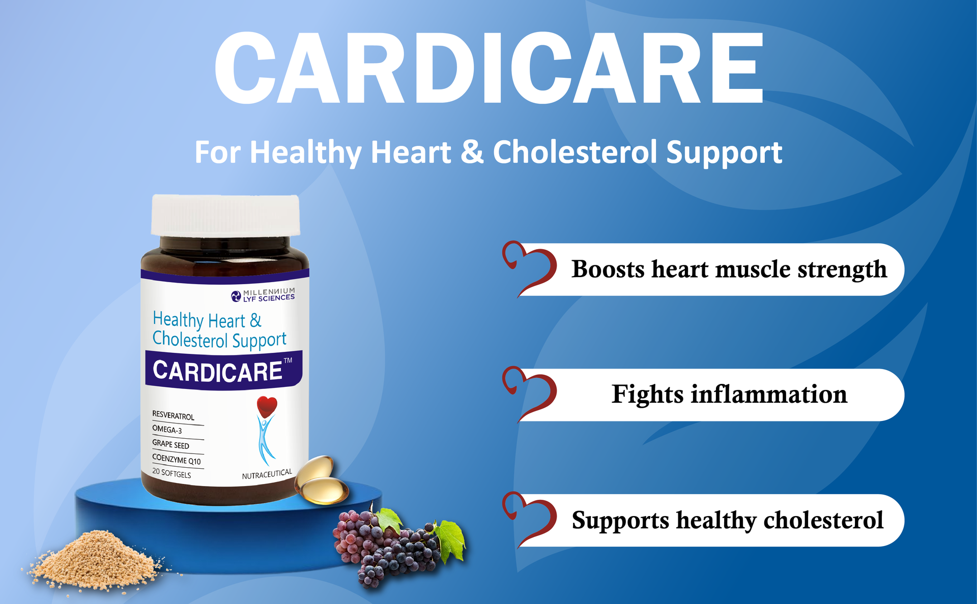 CARDICARE | For Healthy Heart & Cholesterol Support - 20 Softgels | With Resveratrol, Omega-3, Grape Seed, Co-Enzyme Q10
