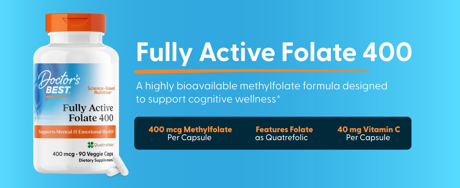 Doctor's BEST Folate Supplement 400 mcg, for Men & Women, 90 Veg Caps