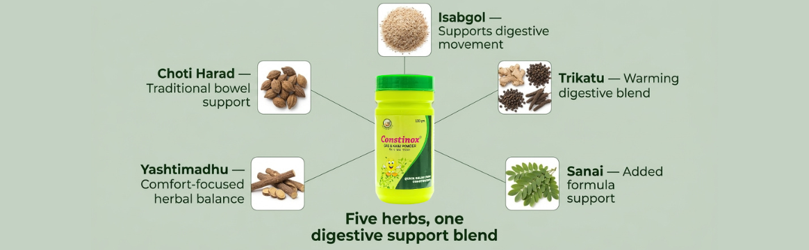 LA BOTANIQUE Constinox® Herbal Powder for Gas, Bloating & Constipation Relief | With Isabgol, Harad, Trikatu & Yashtimadhu | Ayurvedic Digestive Support | 100g