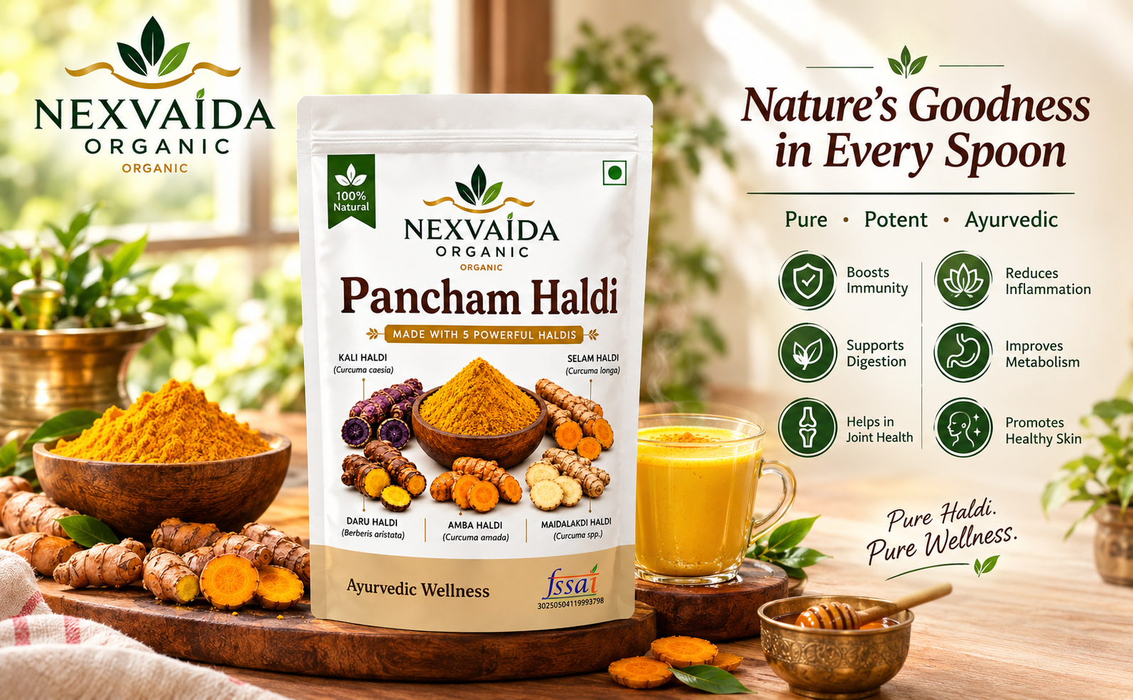 Pancham Haldi Powder | Premium Blend of 5 Ayurvedic Turmerics including Kali, Selam, Daru, Mida Lakdi & Amba Haldi Powder for Detox & Wellness | Natural Immunity Booster, Anti-Oxidant & Anti-Inflammatory Support | 100% Pure & Natural No Preservatives, Colors or Flavors (100gm)