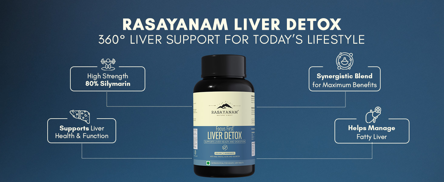 Rasayanam Liver Detox Supplement 1000mg | Milk Thistle and NAC | 80% Silymarin | Added herbs like Kutki, Kalmegh, Turmeric, Dandelion, Zinc & more | Supports Detox, Digestion, Energy & Daily Liver Wellness - 60 Tablets each (Pack of 3)