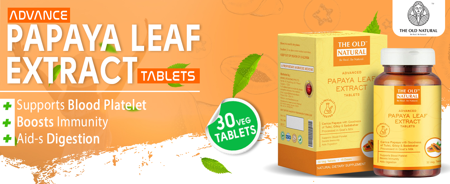 The Old Natural Papaya Leaf Extract Tablets 60 Tablets I papaya leaf extract for platelets | platelets booster, (Pack of 2-60 Tablets)
