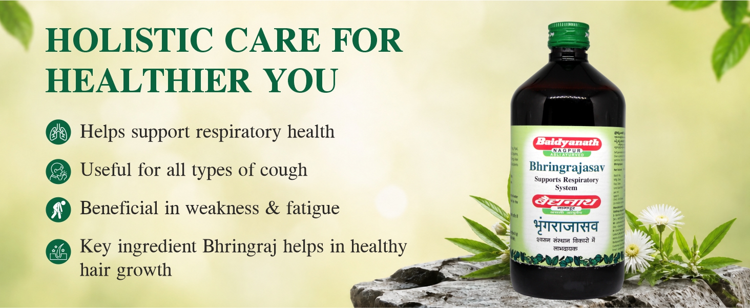 Baidyanath Asli Ayurved Bhringrajasava 450 ml - Ayurvedic Formula for Healthy Hair Growth, Liver Wellness, Cough Relief & Digestive Health | The Ultimate Herbal Solution for Respiratory Health, Blood Purification | Helps in Hairfall & Premature Greying