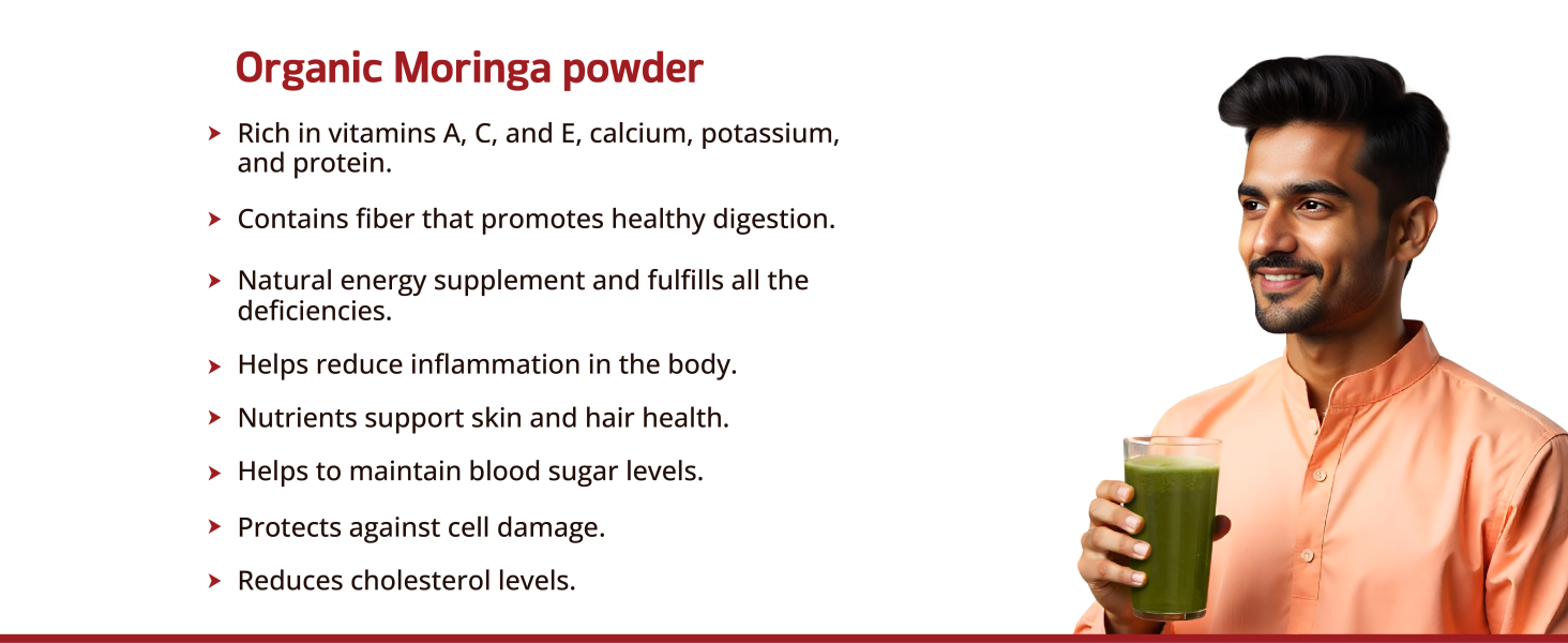 Organic Moringa Powder 50g, Pure & Natural Moringa Leaf Superfood for Weight Loss, Fat Burn, Cholesterol Control, Detox & Immunity Support, High in Vitamins, Minerals & Antioxidants