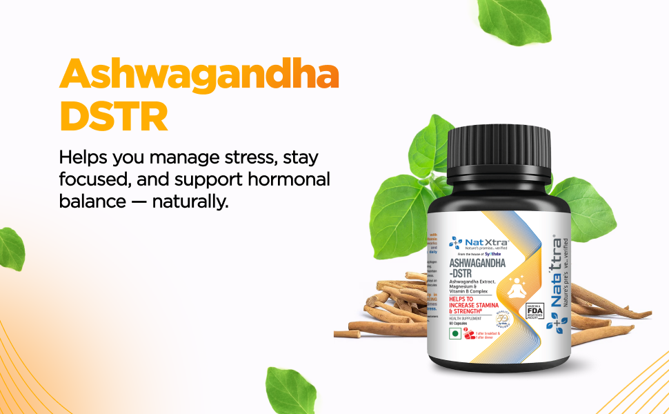 Natxtra Ashwagandha-DSTR | Stress Relief & Stamina Booster | Withanolides, Magnesium, & B Vitamins | Improves Strength, Reduces Stress, Promotes Mental Well-being | 60 Vegetarian Capsules
