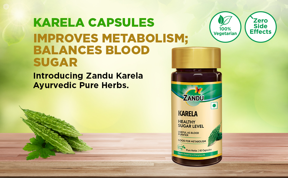 Zandu Karela (Bitter Melon) - 60 Veg Capsules, Helps for Healthy Sugar Levels, Boosting Metabolism & Known for Blood Purification