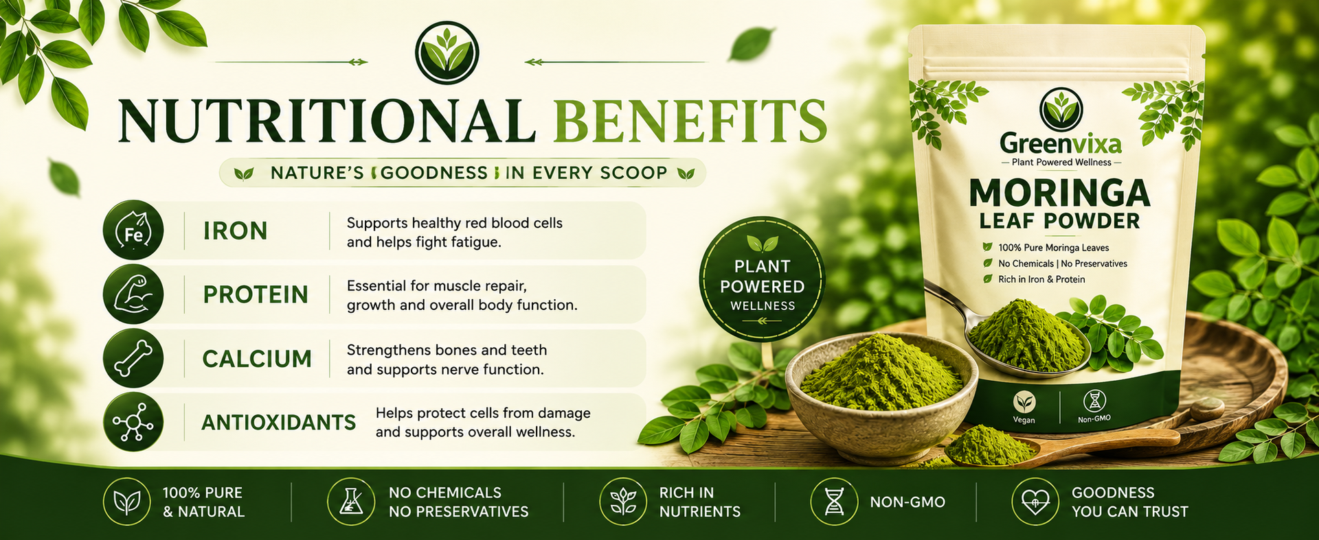 Moringa Powder 200g, 100% Pure Moringa Leaf Powder, Vegan & Non-GMO Green Superfood, Rich in Iron, Vitamins & Minerals, No Additives or Fillers, Plant Based Nutrition for Daily Wellness