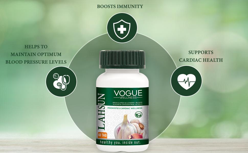 Vogue Wellness Lahsun Tablets | Herbal Garlic Supplement for Heart & Cardiac Wellness | Supports Healthy Cholesterol & Immunity | Natural Antioxidant | 60 Tablets