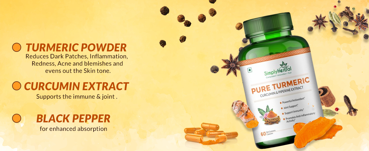 Simply Herbal 800 MG Turmeric Curcumin & Piperine Extract Capsules for Immunity | Immunity Boosters for Adults | Good for Skin & Joint Pains | Natural and Pure Curcuminoids with Bioperine, Pack of 2