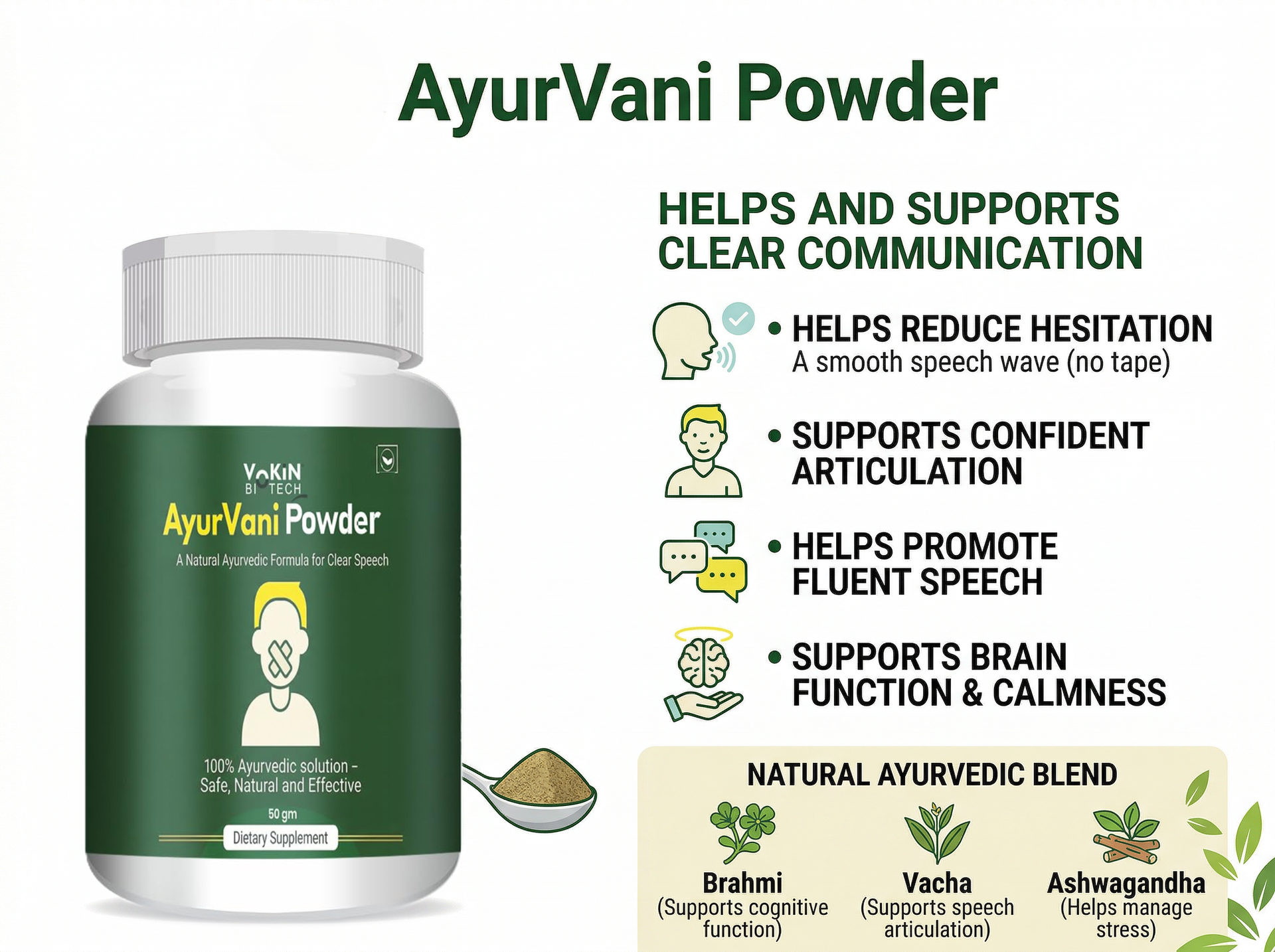 Vokin Biotech AyurVani Ayurvedic Powder 50g | Herbal Blend with Brahmi, Shankhpushpi & Shatavari | Natural Dietary Supplement | Pure Ayurvedic Formula