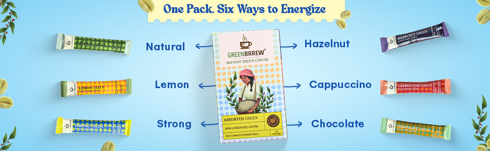 Greenbrrew Assorted Green Coffee | Decaf & Unroasted Coffee | 6 Different Flavours for Every Mood in 1 Pack | 12 Servings, 36g