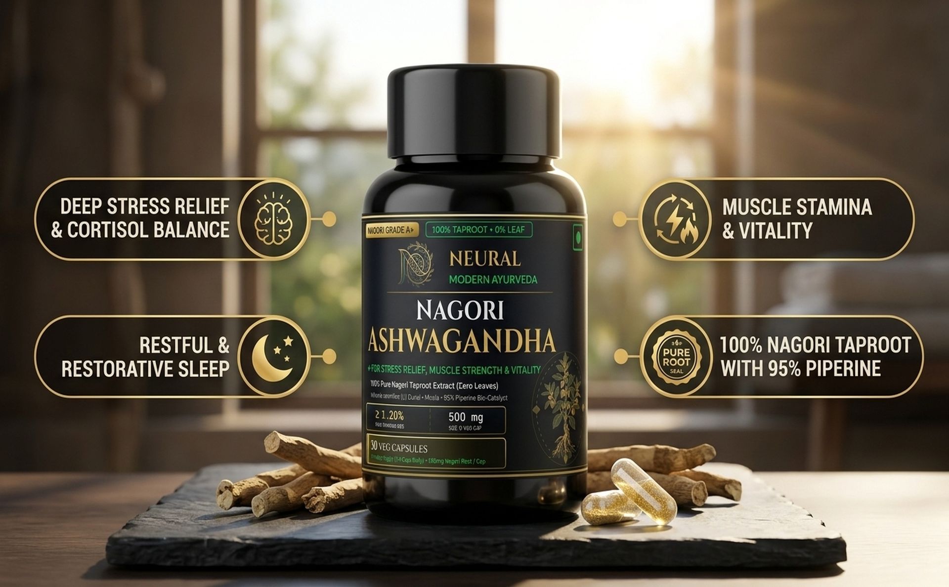 Ashwagandha 500mg Root Extract Capsules (Pack of 2, 60 Veg Caps) | Pure Nagori Taproot with Piperine | Natural Stress Relief, Deep Sleep Support & Energy Booster