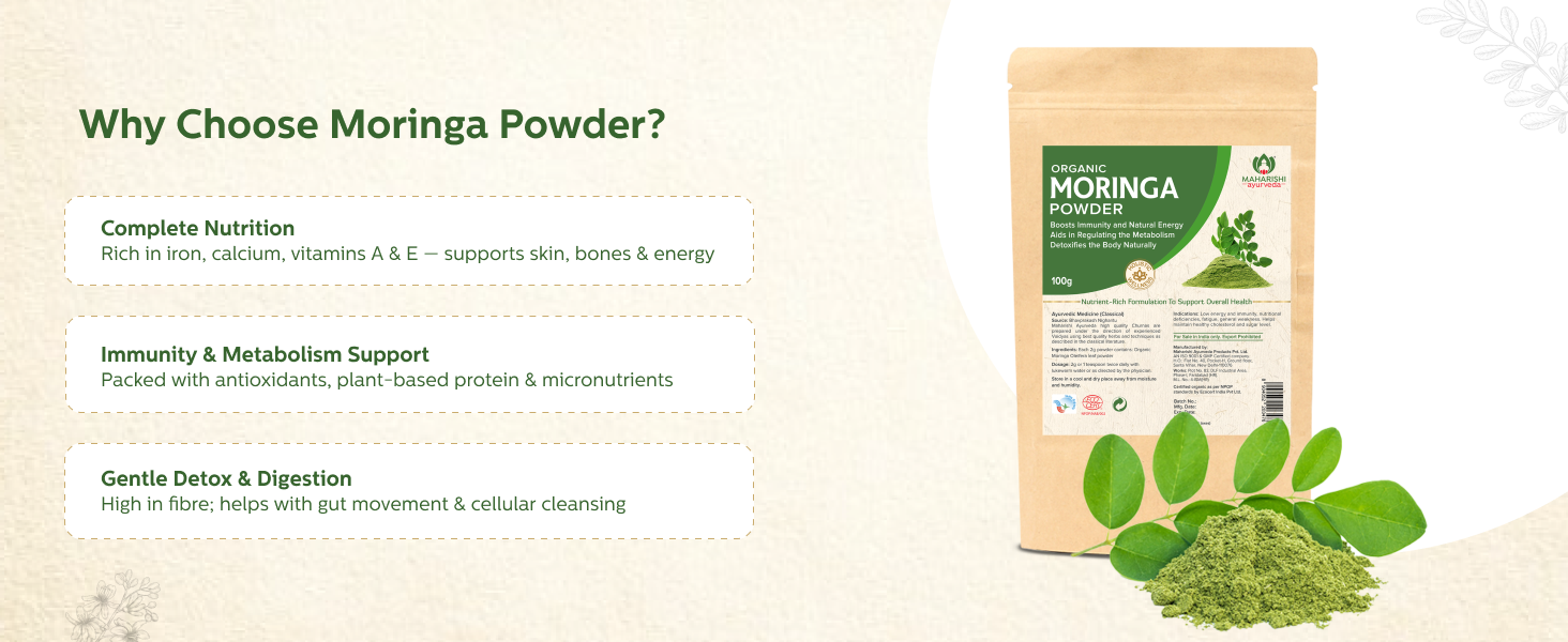 Maharishi Ayurveda Organic Moringa Powder - 100g Pack of 1 Certified Organic Moringa Churna from Pure Moringa Leaves for Skin & Hair Health, Detoxification and Natural Source of Protein