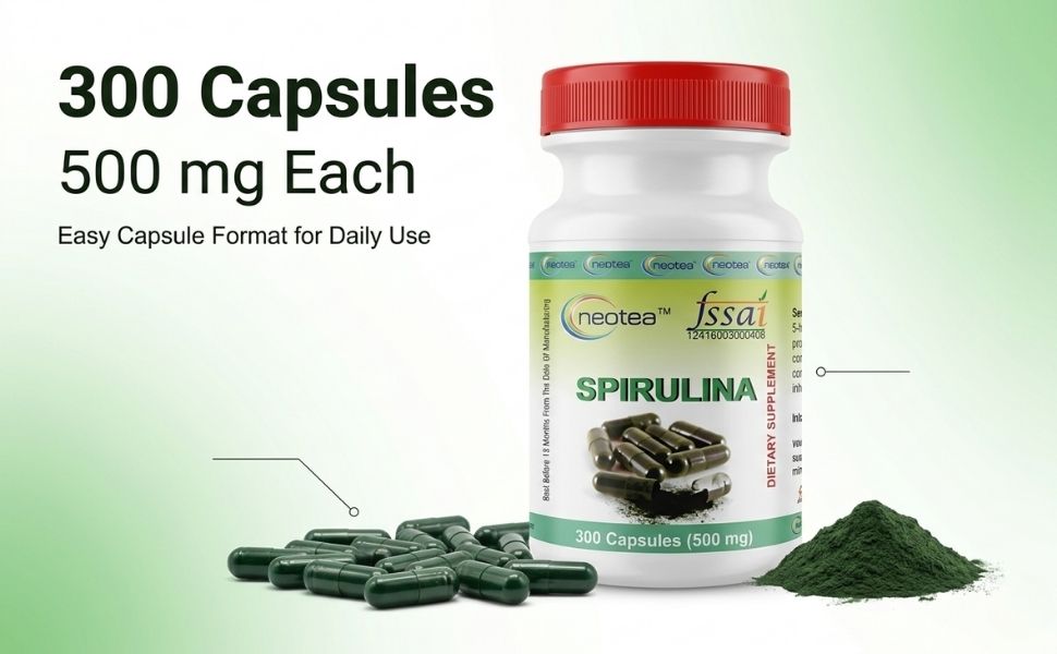 Neotea Spirulina 500mg - 300 Veg Capsules | Blue Green Algae Superfood Supplement | Supports Daily Energy, Immunity & Wellness | Non GMO