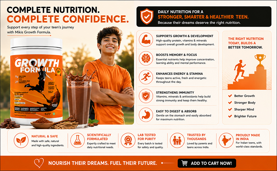 Growth Formula Teen Nutrition Drink Powder for 13+ Years, 1kg | 9g Protein per Serving | 27 Vitamins & Minerals | Supports Daily Nutrition | Chocolate Ice Cream Flavour