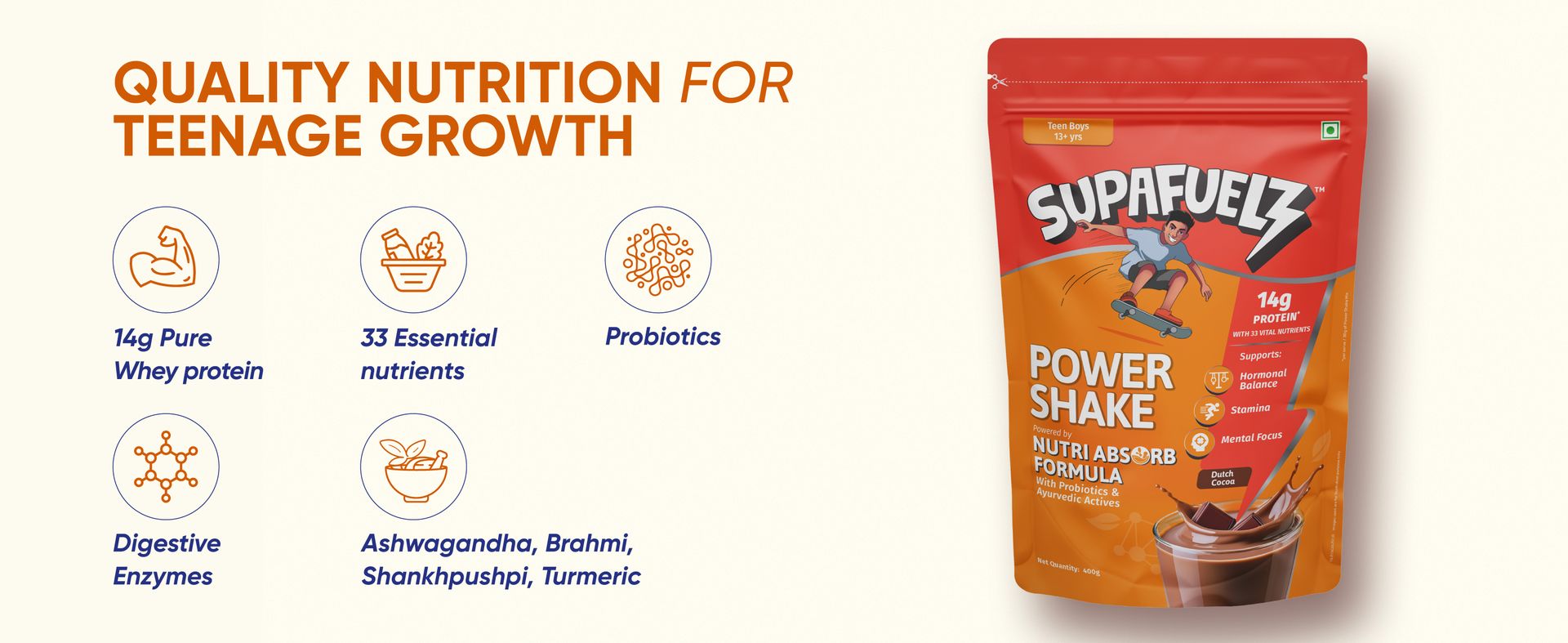 Power Shake Teen Boys + Teen Girls 13+ Yrs (2 x 400g) | Combo Pack |Height & Strength Drink | 14g Protein, 33 Nutrients, Probiotics & Ayurvedic Actives | Daily Nutrition Drink supports Height, Strength & Focus | Chocolate 800g | Safe Nutrition Drink For Teens