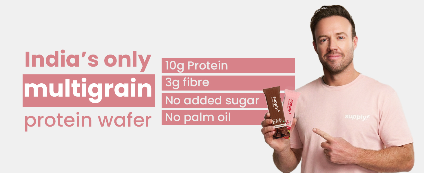 SUPPLY6 Protein Wafer Bars | Pack of 10 | Multigrain Crunchy Wafer | Vegetarian | 10g Protein | 3g Fiber | No Added Sugar | 400 G (Strawberry)