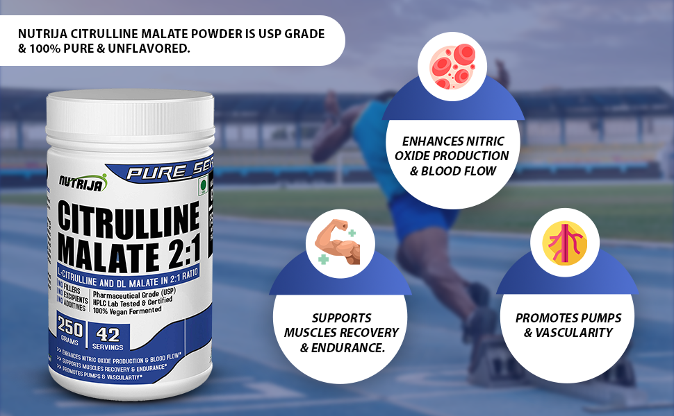 NutriJa Citrulline Malate Powder 250 Grams | 42 Servings | Boosts Nitric Oxide | For Muscle Pump, Circulation Support & Vascularity | Unflavoured