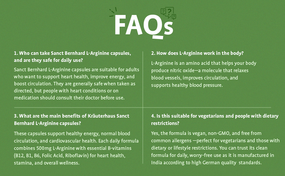 Kräuterhaus Sanct Bernhard L-Arginine Capsules with B-Vitamins|With B12,B1,B6,Folic Acid & Riboflavin|Supports Energy,Blood Circulation & Heart Health|Vegan,Non-GMO|1-Month Supply|60 Capsules