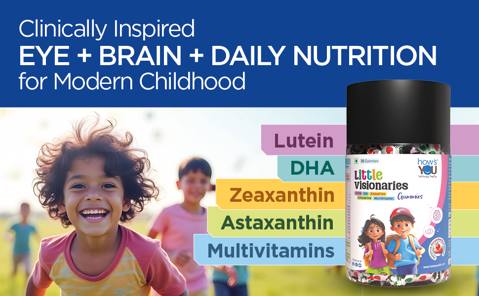 Little Visionaries | Eye + Brain + Daily Nutrition for (2-15 Years) Kids | Lutein, DHA, Zeaxanthin, Astaxanthin and Multivitamins | Strawberry Flavour 30 Gummies | 3 in 1 benefits in one gummy