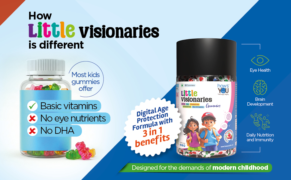 Little Visionaries | Eye + Brain + Daily Nutrition for (2-15 Years) Kids | Lutein, DHA, Zeaxanthin, Astaxanthin and Multivitamins | Strawberry Flavour 30 Gummies | 3 in 1 benefits in one gummy