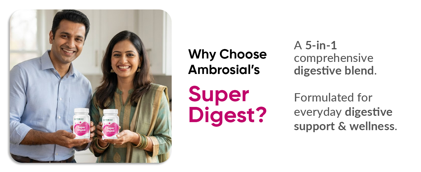 Ambrosial Super Digest with Betaine hcl Pepsin, Ox-Bile, Pancreatin & L-Glutamic Acid | Digestive Enzyme Supplements to Support Optimal Digestion & Gut Health (Pack of 1-60 Capsules)
