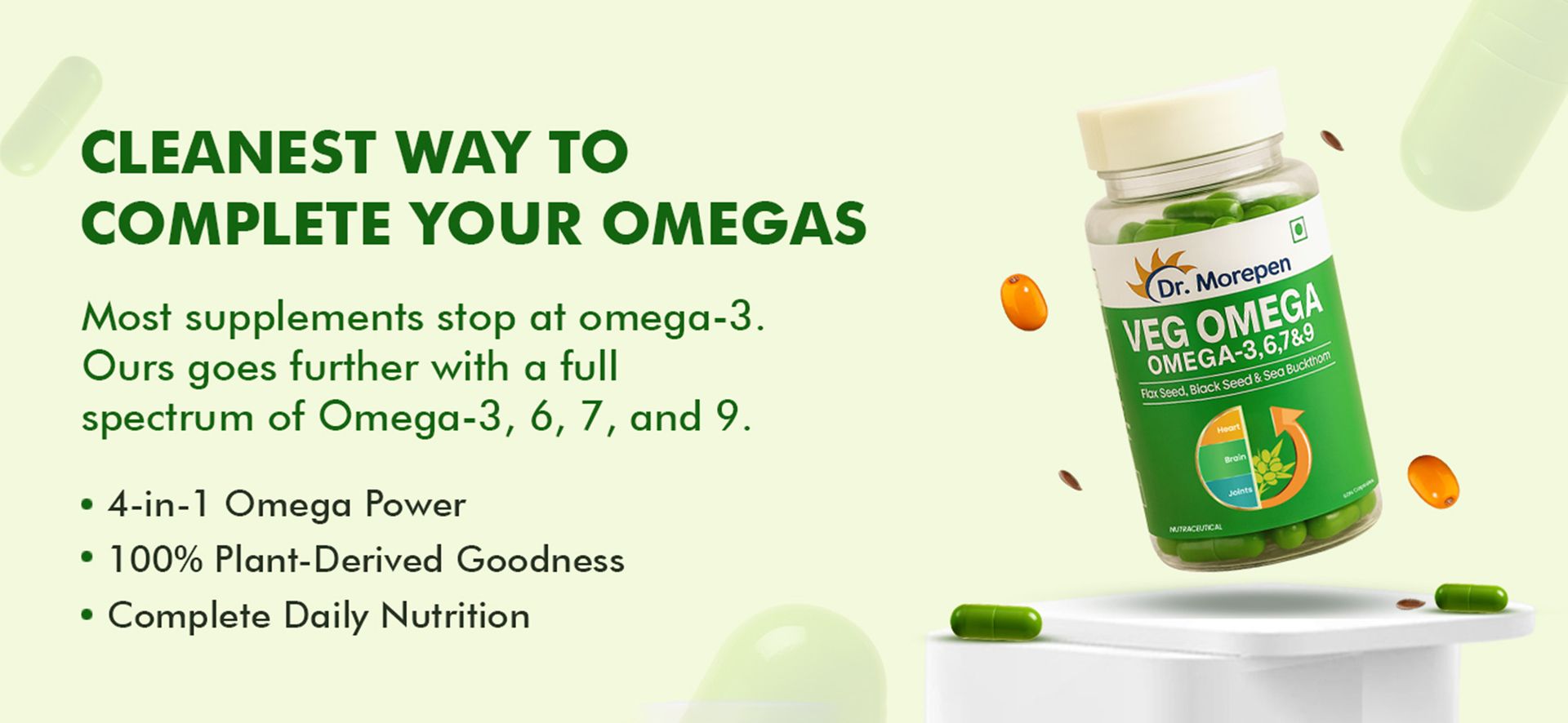 DR. MOREPEN Veg Omega 3 6 7 9 Capsules 500mg with Sea Buckthorn, Flax Seed & Black Seed, Plant-Based Omega Fatty Acids for Heart, Skin & Joint Health – 60 Veg Capsules