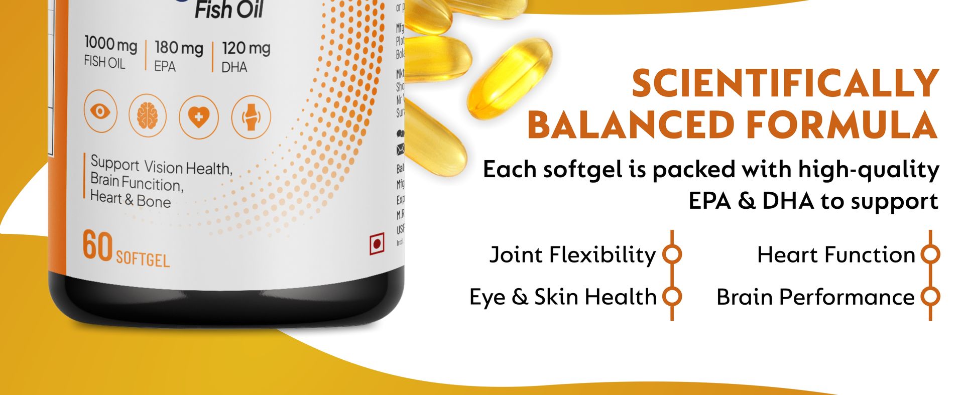 Omega-3 Fish Oil 1000mg - Triple Strength Formula, 60 Softgels - 180mg EPA & 120mg DHA for Enhanced Heart Health, Joint Support & Brain Function