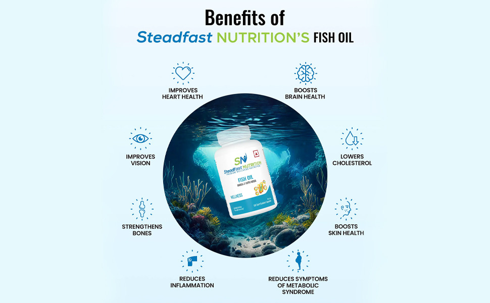 Steadfast Nutrition Fish Oil Omega- 3, 1000mg Triple Strength for Healthy Heart, Brain, Joints & Body (60 Softgel Capsules)