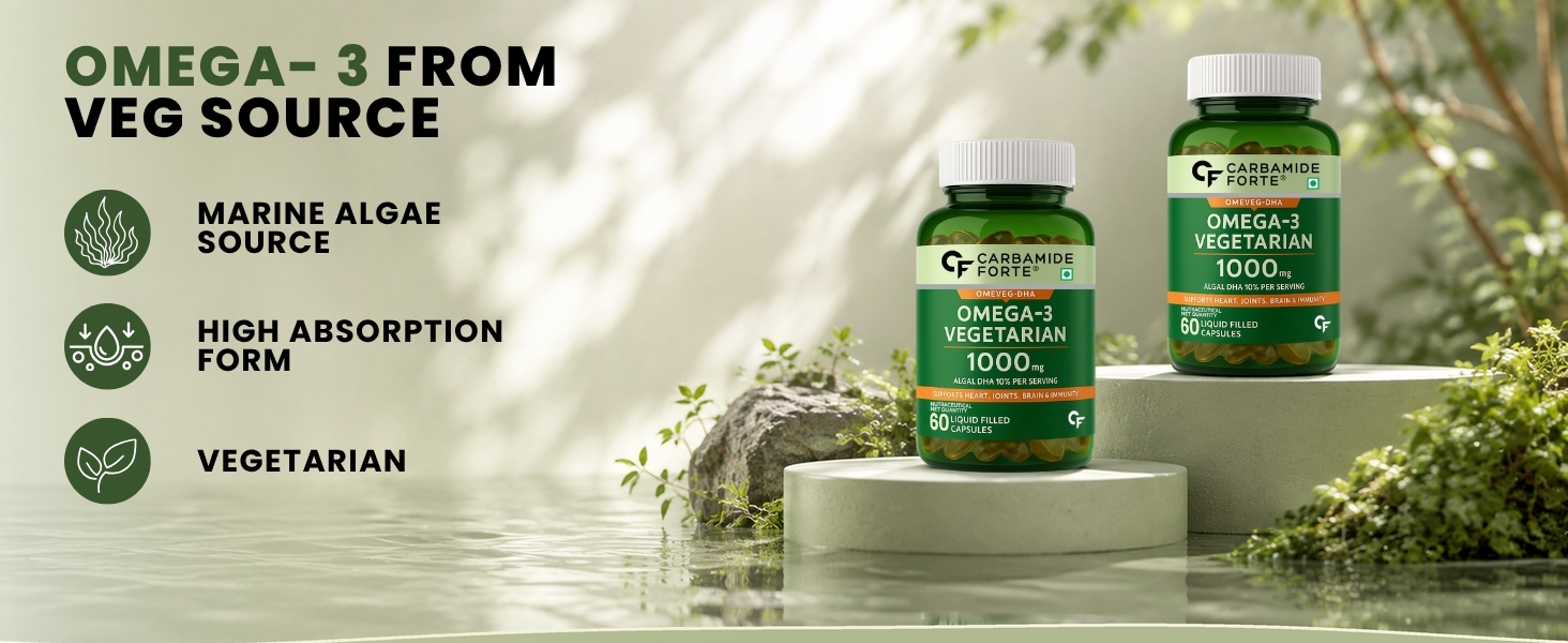 Carbamide Forte Veg Omega3 1000mg | Veg DHA | Vegetarian Omega 3 | Algal DHA | Plant Based | No Fish oil Used Capsules for Men & Women- 60 Veg Capsules