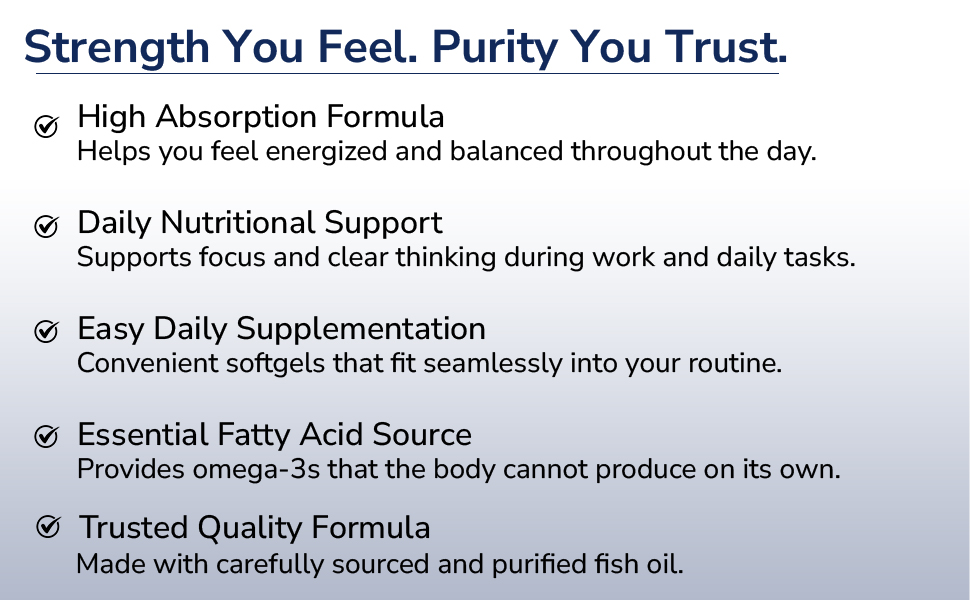 Triple Strength Omega-3 1250mg | Omega 3 Fish Oil 60 Softgels | 600mg DHA & 900mg EPA | No Fishy Aftertaste