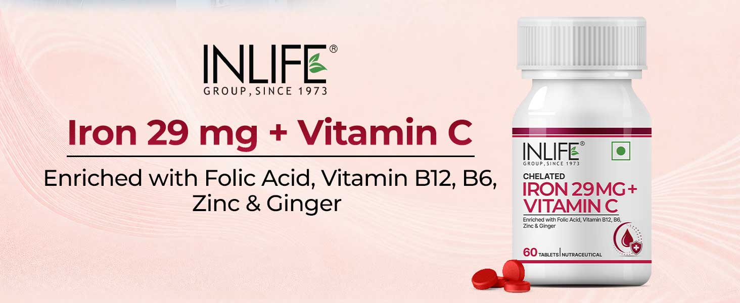 INLIFE Chelated Iron 29mg, Vitamin C, Zinc, B12, B6, Folic Acid, 60 Tablets