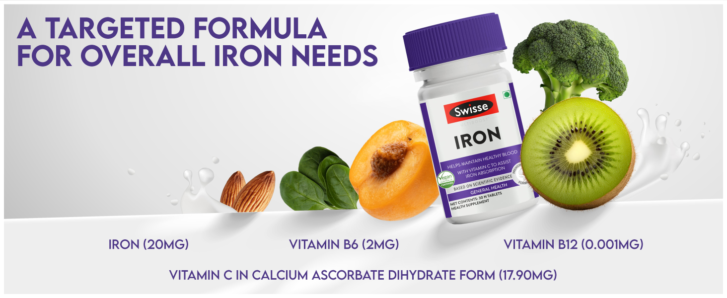 Swisse Iron Supplement with Vitamin C & Vitamin B12-30 Tablets | For Both Men & Women