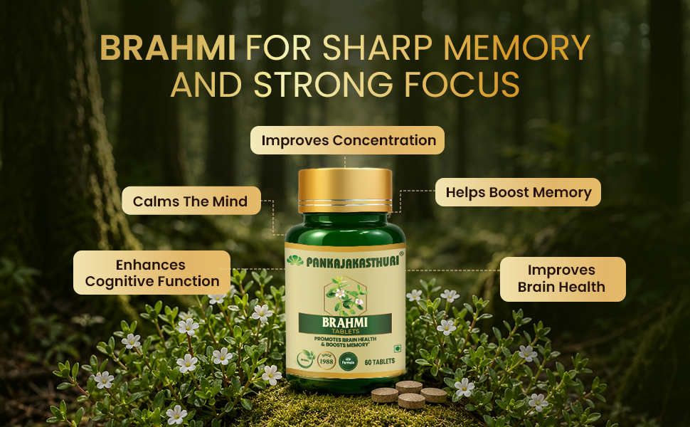 Pankajakasthuri Brahmi Tablets for Memory and Cognitive Support, 60 Tablets, Brahmi (Bacopa monnieri), Sugar-Free, Ayurvedic Formulation