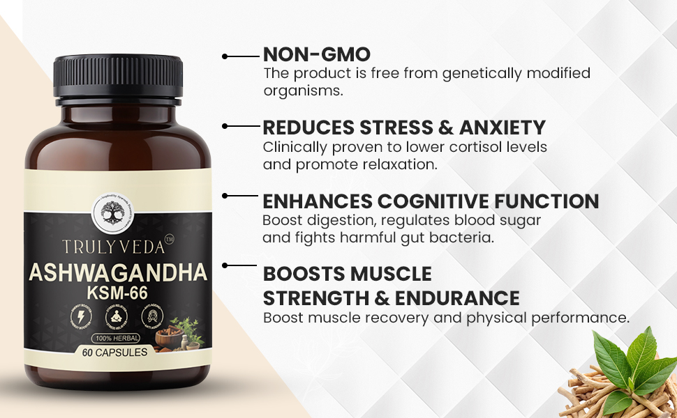 TrulyVeda Aswagandha KSM-66 Capsules | Clinically Proven 100% Pure Root Extract | 60 Capsules