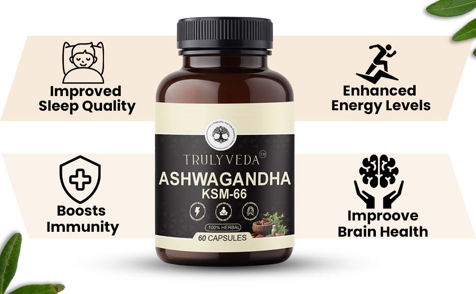 TrulyVeda Aswagandha KSM-66 Capsules | Clinically Proven 100% Pure Root Extract | 60 Capsules