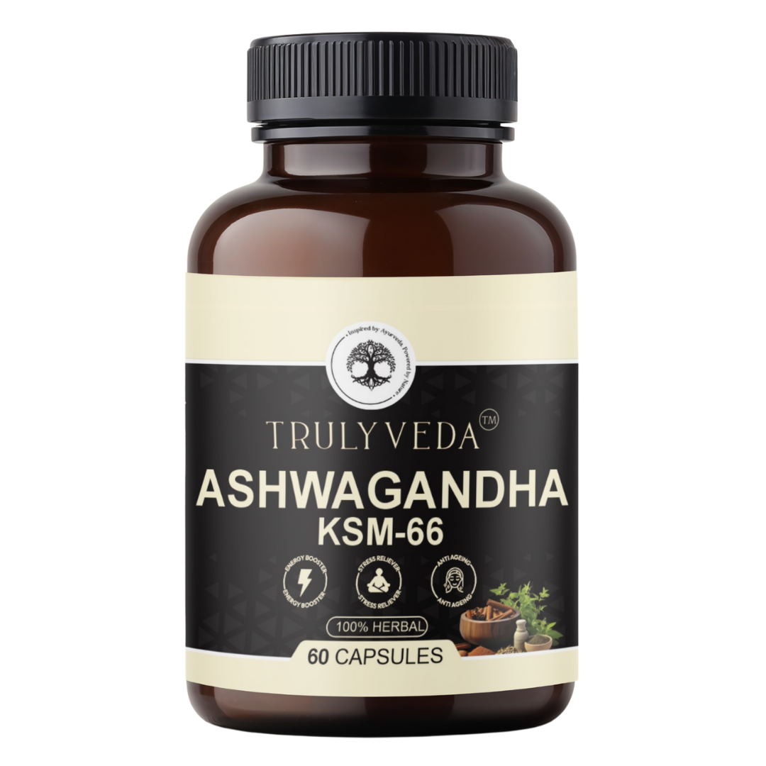 TrulyVeda Aswagandha KSM-66 Capsules | Clinically Proven 100% Pure Root Extract | 60 Capsules
