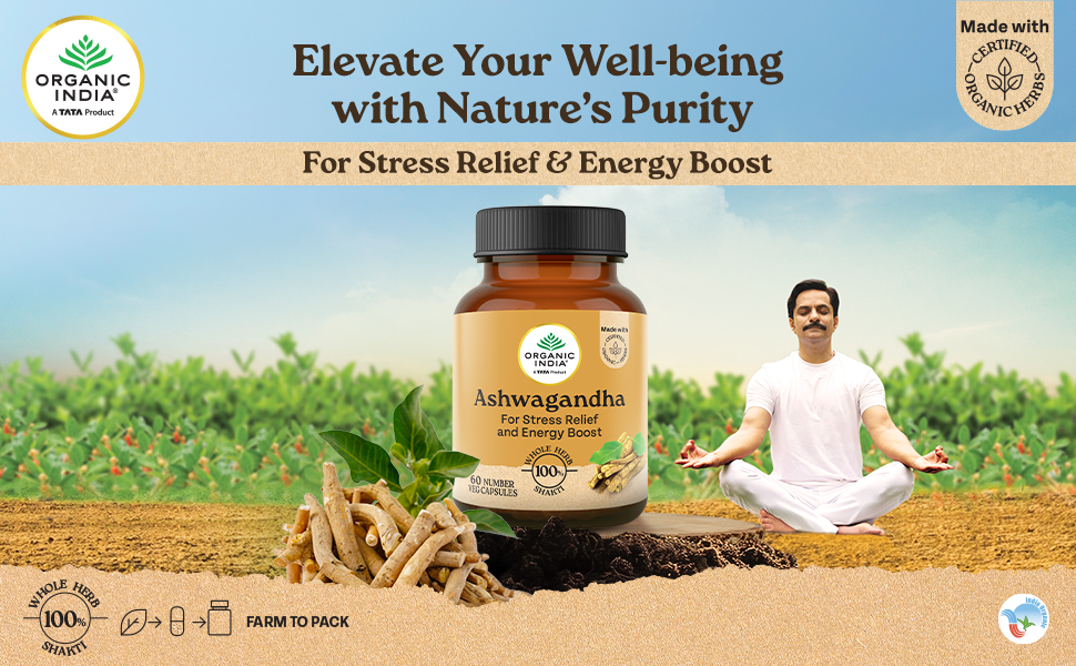 A TATA Product - Organic India Ashwagandha Capsules - 60 Veg Caps (Pack of 2), For Vitality & Relieves Stress, Naturally Boosts Energy & Stamina, Improves Immune System