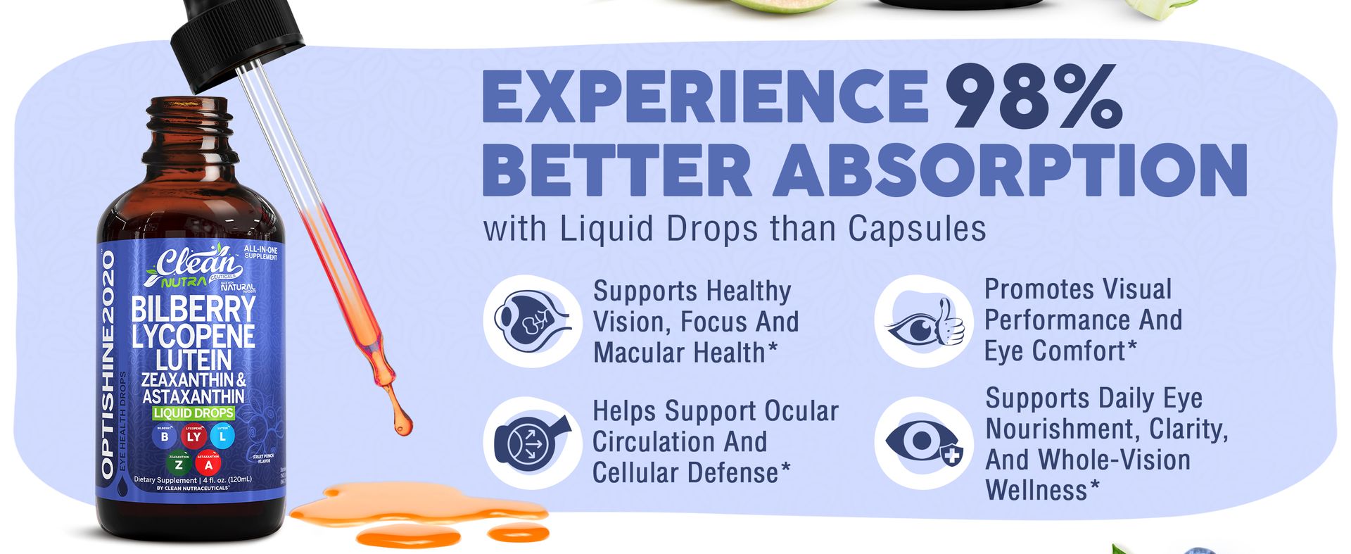 Clean Nutra Lutein and Zeaxanthin Eye Vitamins Supplement Lycopene Astaxanthin Bilberry Liquid Drops | Organic Astaxanthin Daily Lutein for Eyes Health Support Vitamin Minerals Extract | 60 Servings