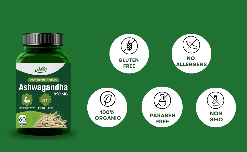 Jain Ashwagandha 850mg Tablet | Extra Energy, Stress Relief, 100% Natural, Improves Sleep, Reduces Blood Sugar | Restorative Benefits, 1000 Tablets