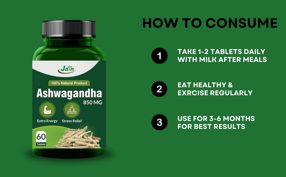 Jain Ashwagandha 850mg Tablet | Extra Energy, Stress Relief, 100% Natural, Improves Sleep, Reduces Blood Sugar | Restorative Benefits, 1000 Tablets