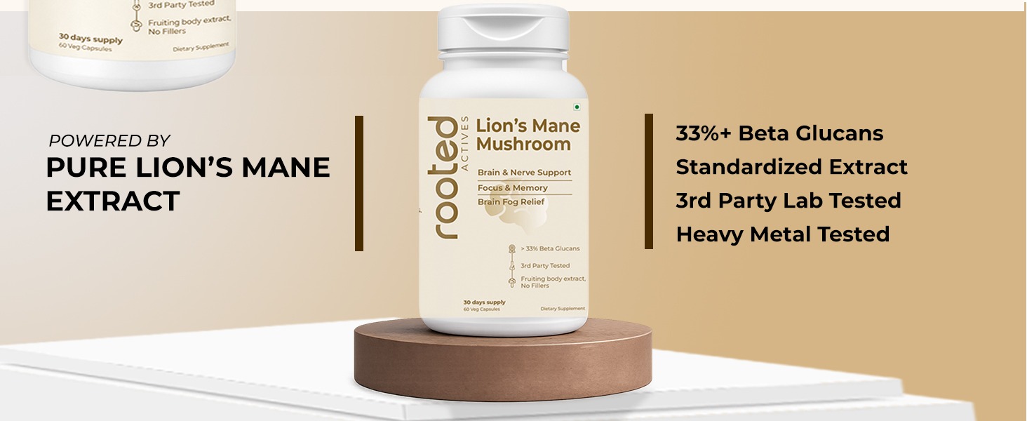ROOTED Organic Lions Mane Mushroom Extract Capsules, 38% Beta Glucan, 90 Counts, Herbal Supplement, Capsule Form, Brain & Nervous System Support