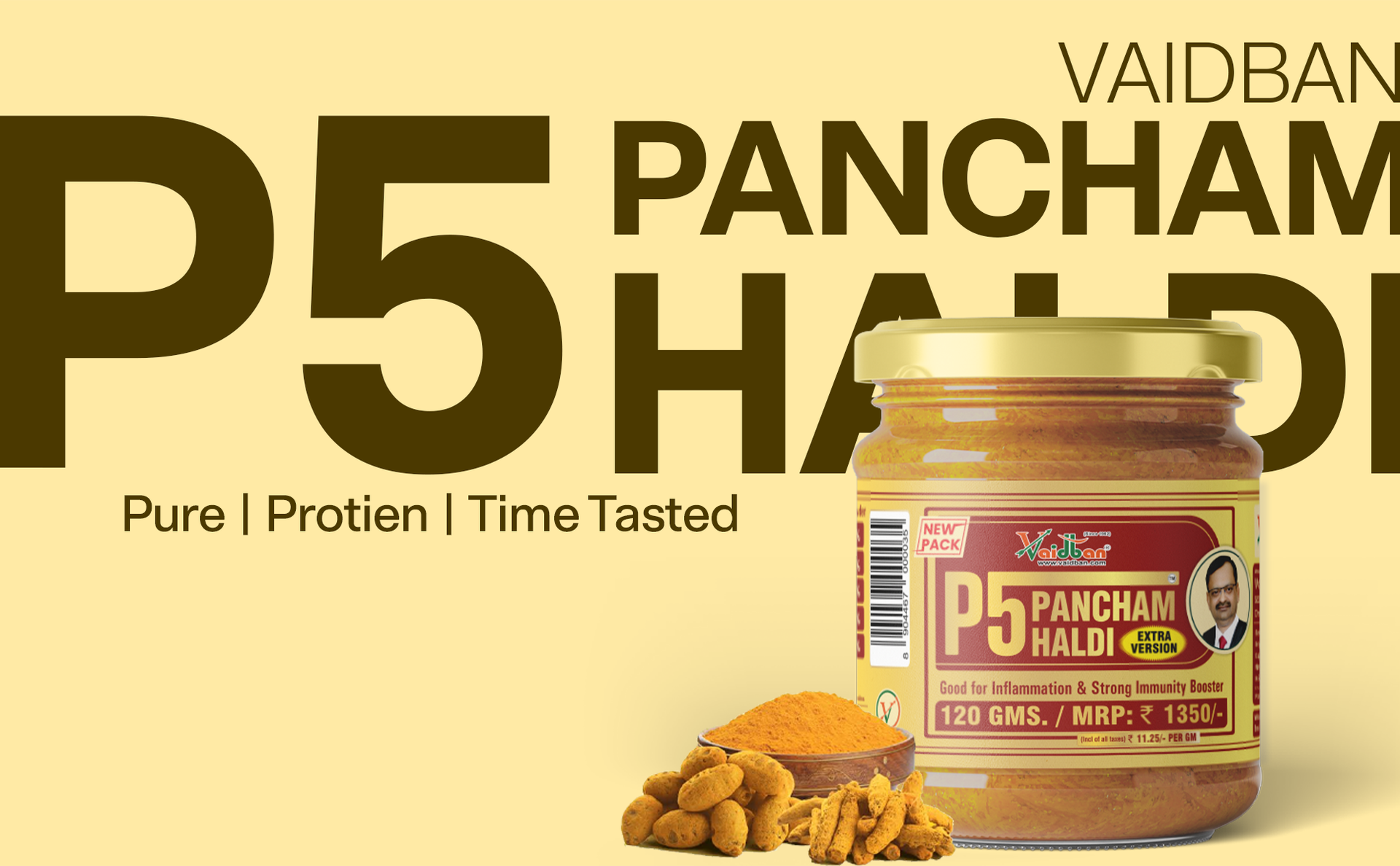 Vaidban P5 Pancham Haldi (120g) - Premium Blend of 5 Ayurvedic Turmerics including Kali, Selam, Daru & Amba Haldi | Natural Immunity Booster & Anti-Inflammatory Support | 100% Herbal Antioxidant Powder