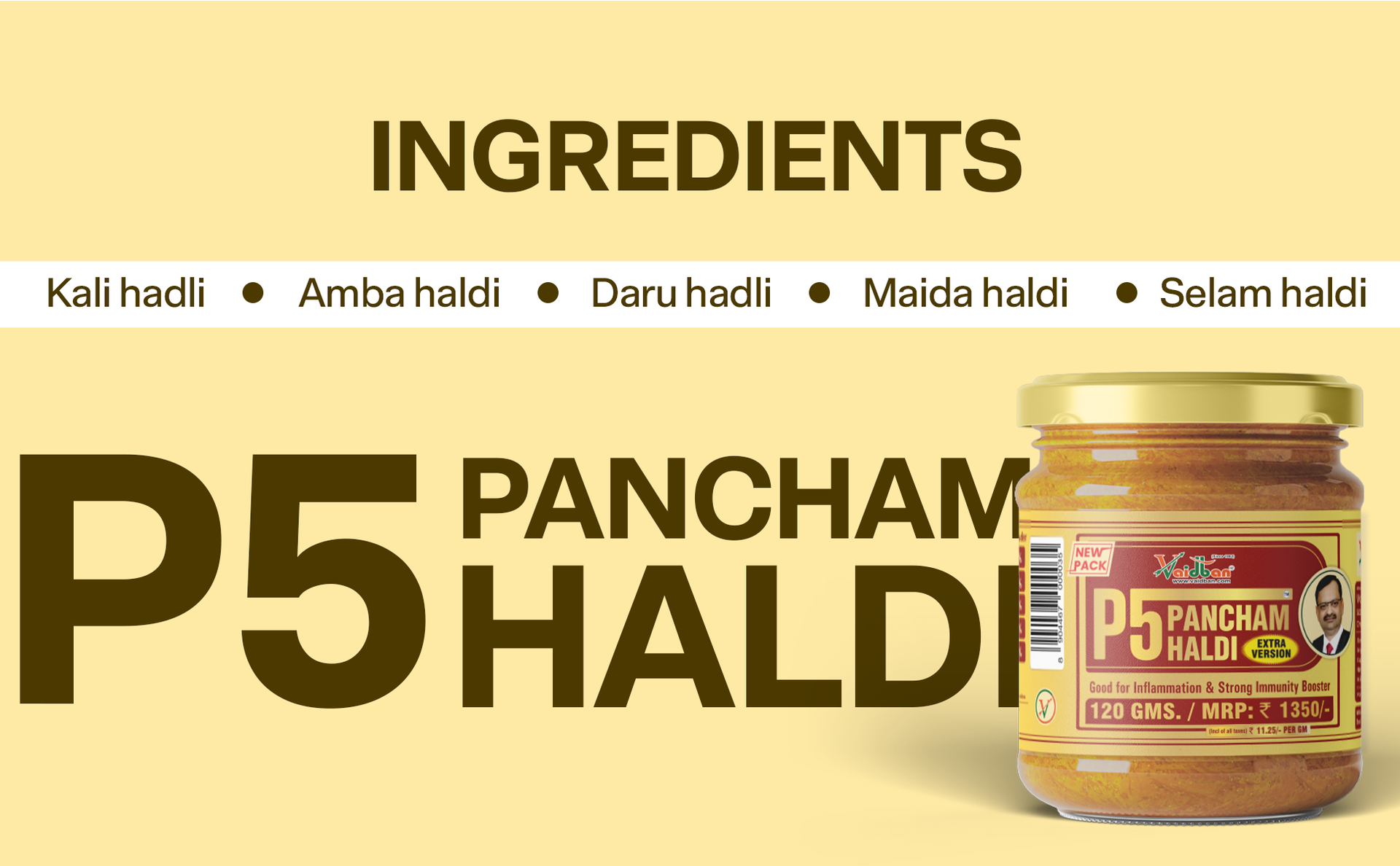 Vaidban P5 Pancham Haldi (120g) - Premium Blend of 5 Ayurvedic Turmerics including Kali, Selam, Daru & Amba Haldi | Natural Immunity Booster & Anti-Inflammatory Support | 100% Herbal Antioxidant Powder