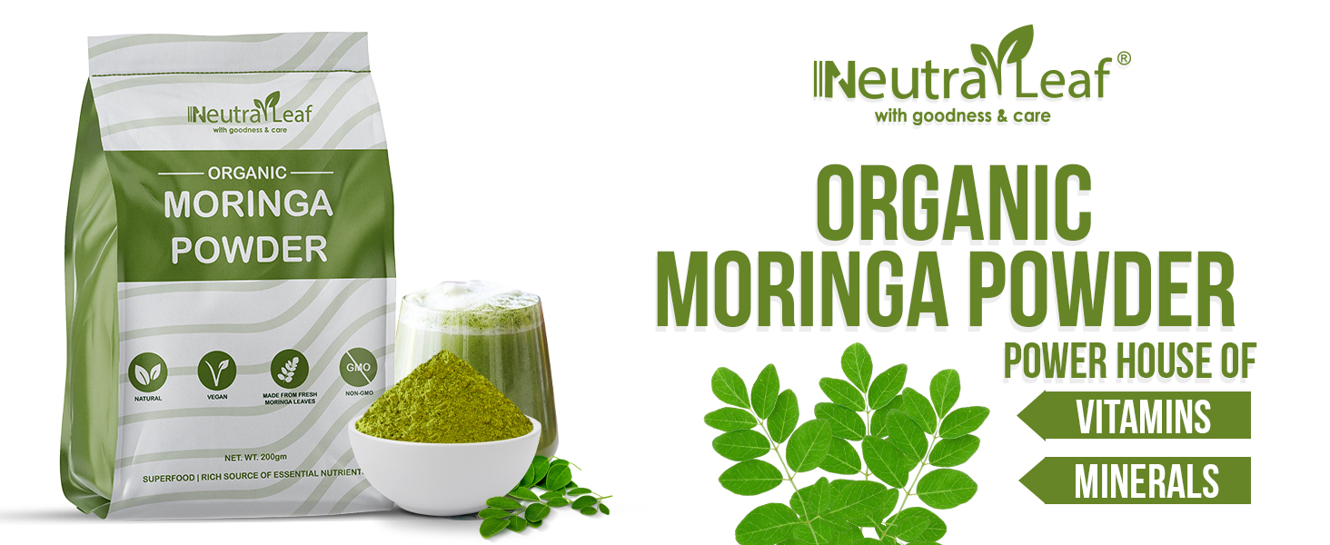 Neutraleaf Organic Moringa Powder | Drumstick Leaves Powder for Immunity | Rich in Iron, Calcium & Plant Protein | Superfood for Hair Growth & Glowing Skin | Non-GMO, Vegan | Resealable Bag | 500g