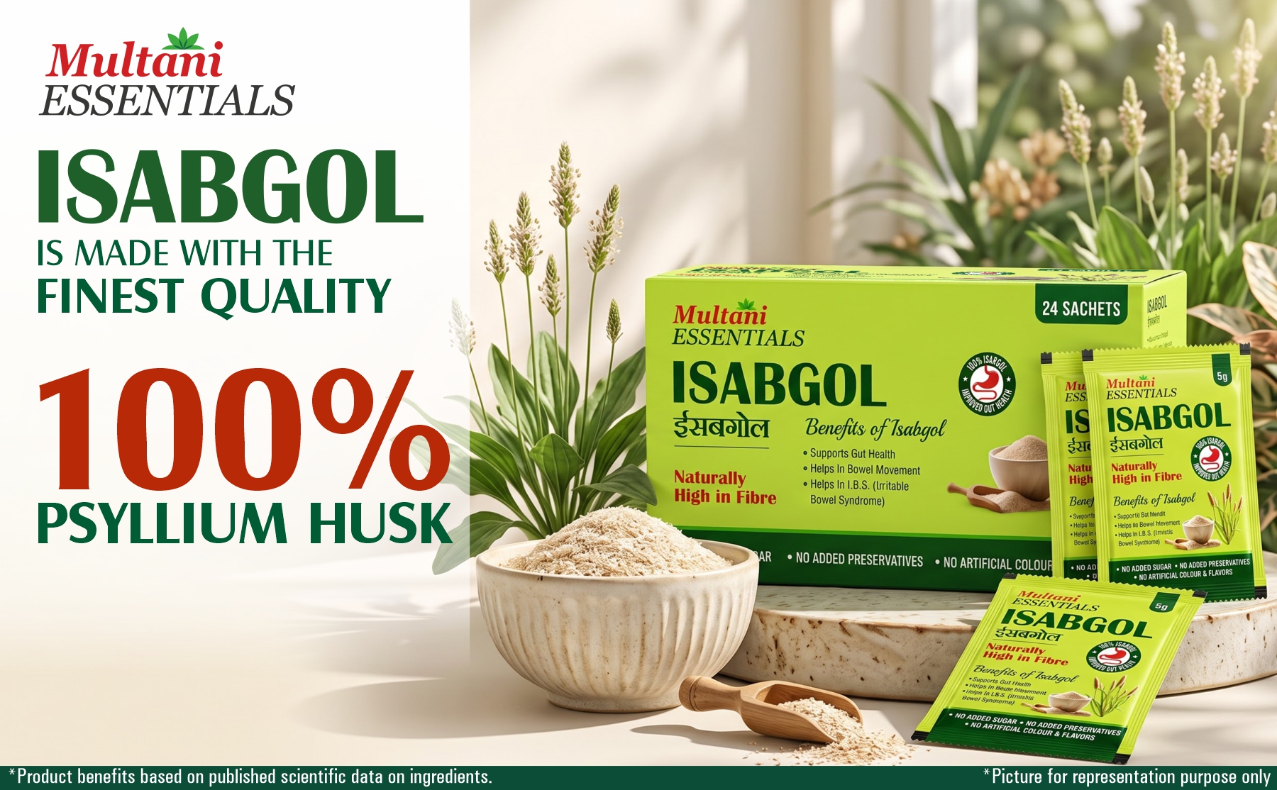 Multani Essentials Isabgol | Psyllium Husk Powder (24 Sachets - 5 gm Each) | For Gut Health And Irritable Bowel Syndrome | Effectively Relieves Constipation | Fibre Supplement For Digestion | Chemical Free | No Added Sugar Or Artificial Flavour