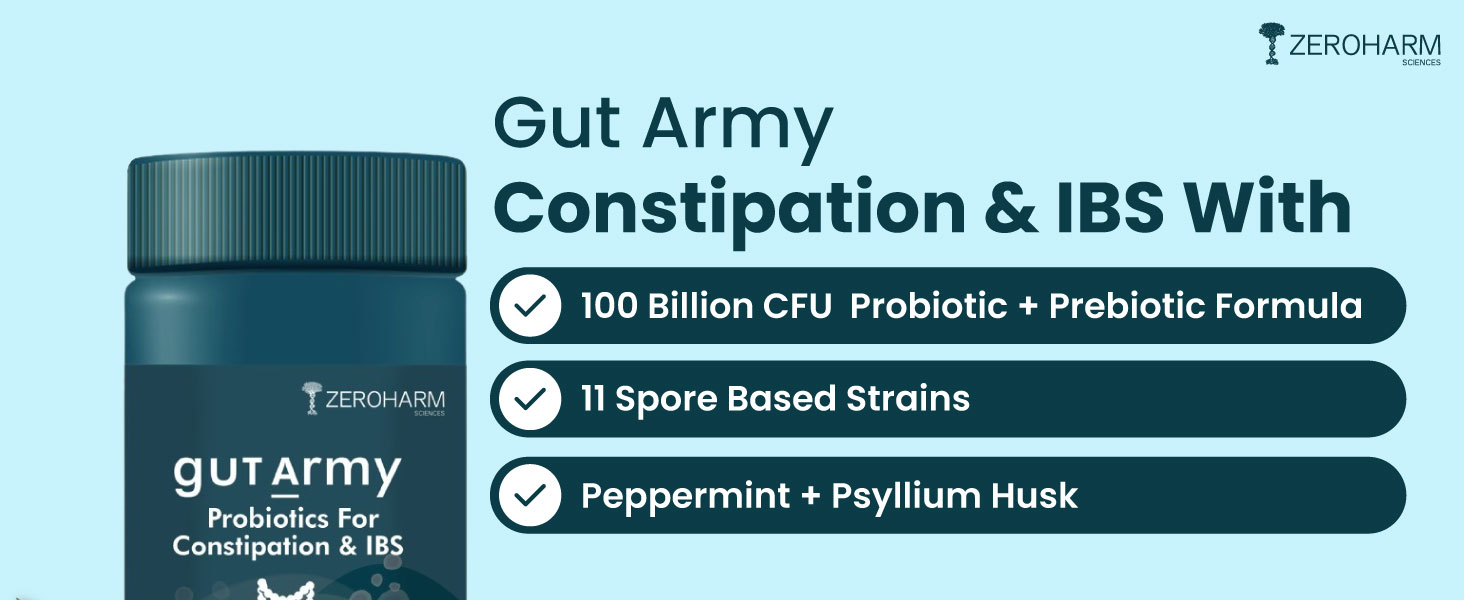 Gut Army Probiotics for Constipation & IBS | 100 Billion CFU, 11 Strains | Psyllium Husk (Isabgol) & Peppermint | Gas & Bloating Relief, Digestive Comfort, Bowel Regularity | Men & Women | 60 Capsules