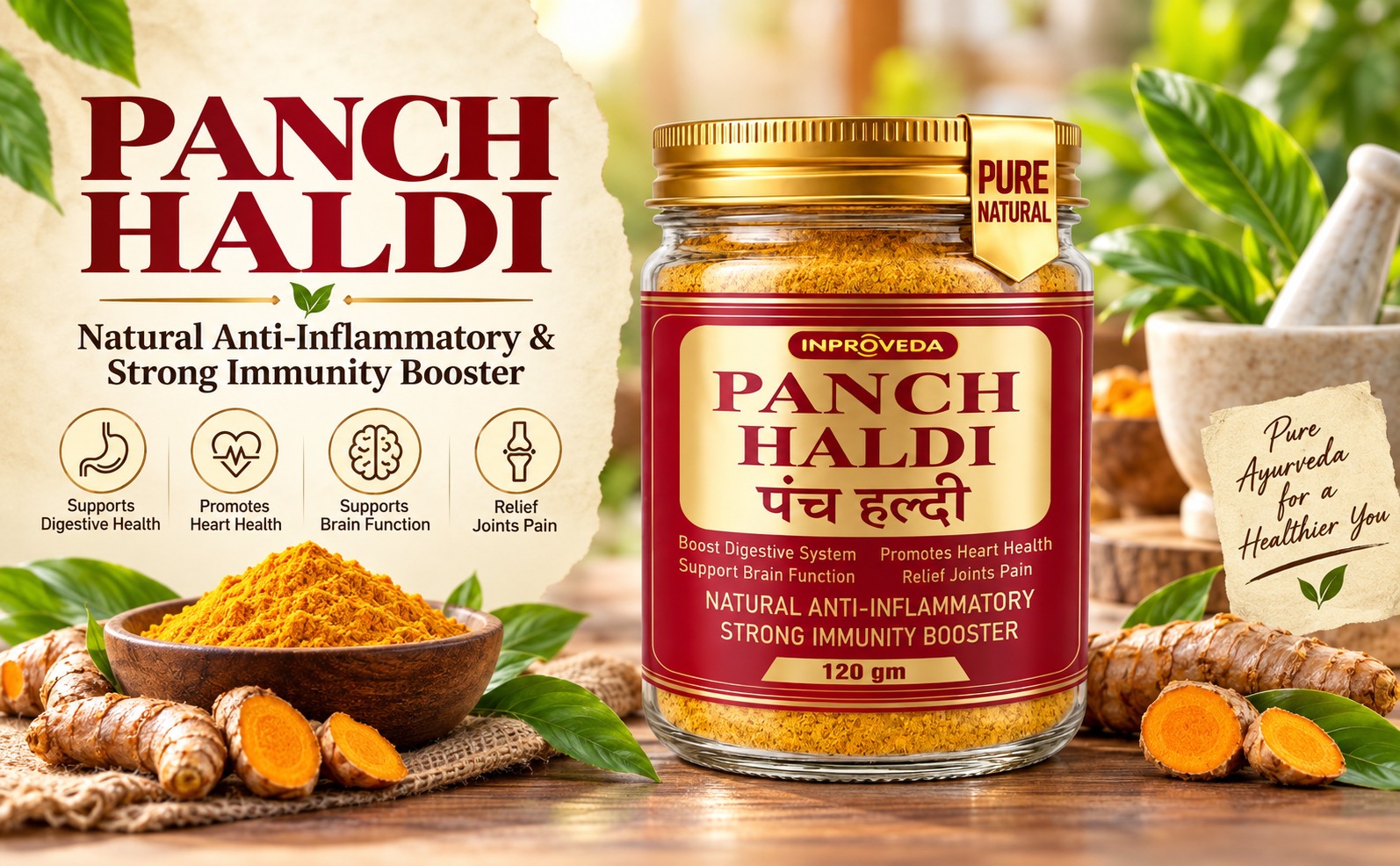 Pancham Haldi Powder 120g - Premium Blend of 5 Ayurvedic Turmerics including Kali, Selam, Daru & Amba Haldi for Detox & Wellness | Natural Immunity Booster, Anti-Oxidant & Anti-Inflammatory Support | 100% Pure & Natural No Preservatives, Colors or Flavors | Inproveda Panch Haldi or Turmeric Powder - 120gm